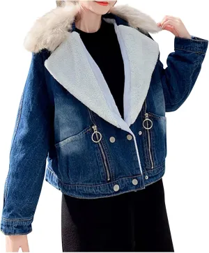 DDAPJ pyju Women's Warm Denim Jacket with Detachable Hood Fleece Lined Denim Coat Pockets Casual Winter Hoodies Jackets