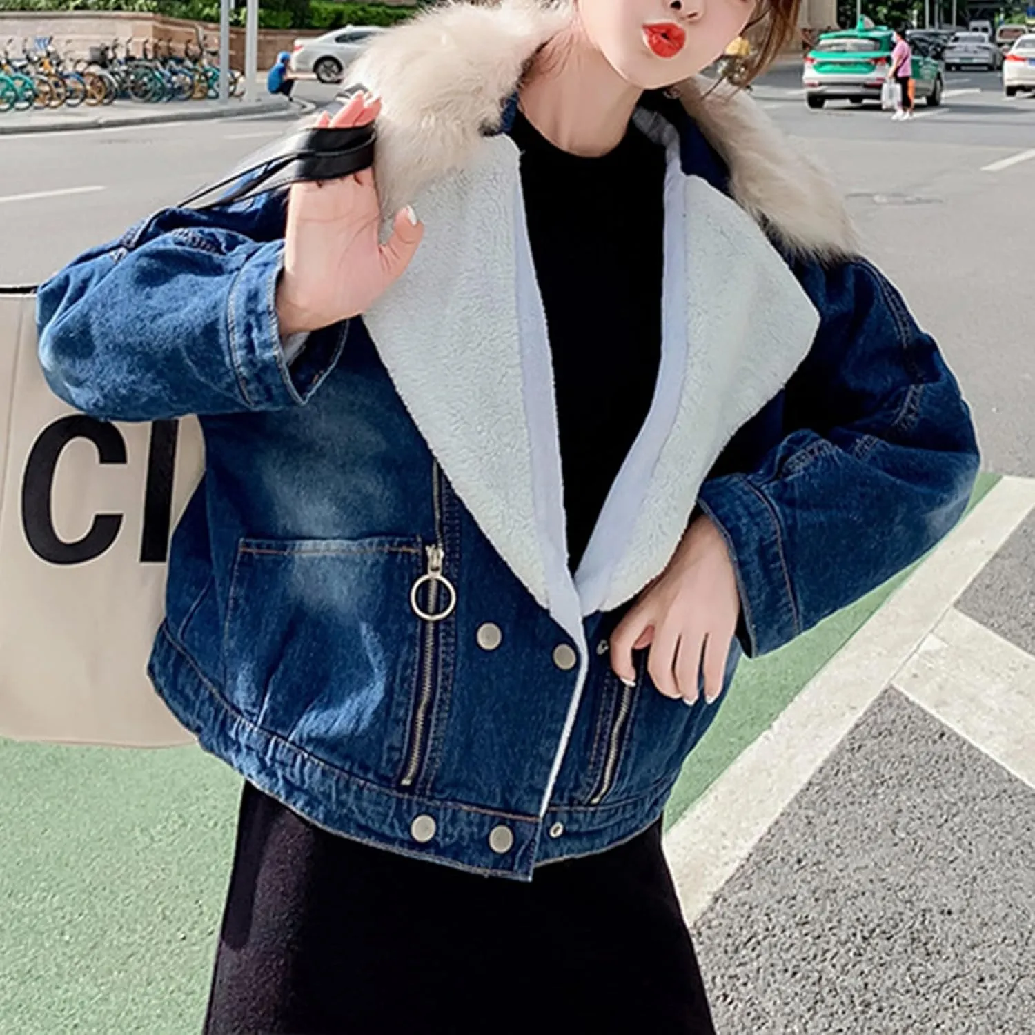 DDAPJ pyju Women's Warm Denim Jacket with Detachable Hood Fleece Lined Denim Coat Pockets Casual Winter Hoodies Jackets