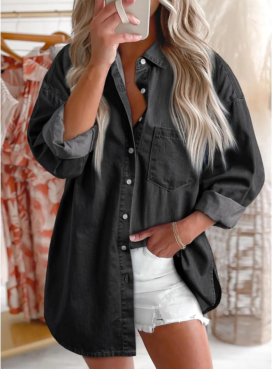 Denim Jacket for Women Frayed Hem Ripped Distressed Jean Jacket Oversized Long Sleeve Button Down Shirt Shacket