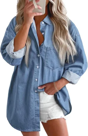 Denim Jacket for Women Frayed Hem Ripped Distressed Jean Jacket Oversized Long Sleeve Button Down Shirt Shacket