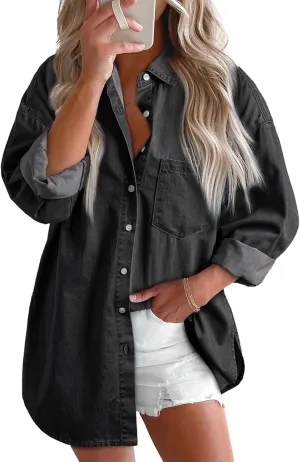 Denim Jacket for Women Frayed Hem Ripped Distressed Jean Jacket Oversized Long Sleeve Button Down Shirt Shacket