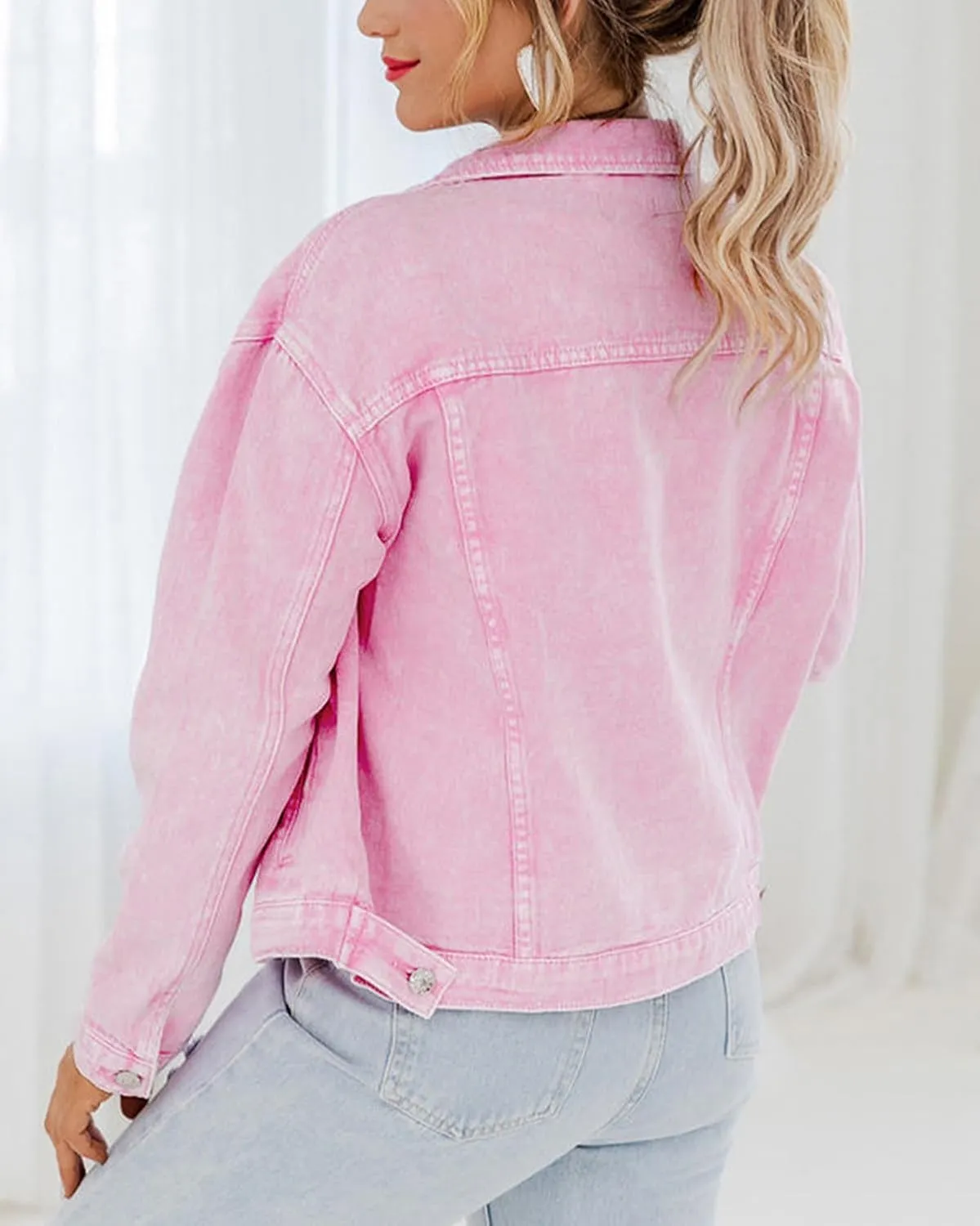 Denim Jacket Women Casual Pink Button Down Denim Jean Jackets Coat