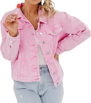 Denim Jacket Women Casual Pink Button Down Denim Jean Jackets Coat