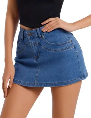 Denim Skort for Women High Waisted Denim Skirt Stretch Mini Jean Skort Casual Jean Skirts with Pockets