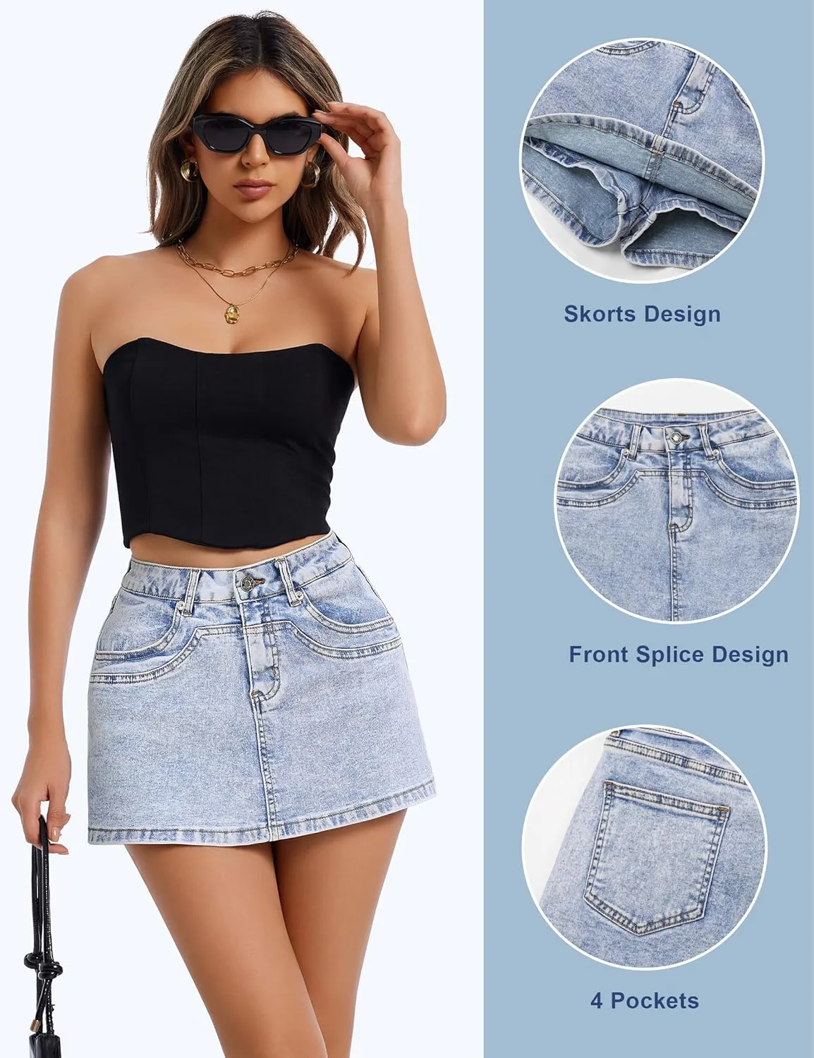 Denim Skort for Women High Waisted Denim Skirt Stretch Mini Jean Skort Casual Jean Skirts with Pockets