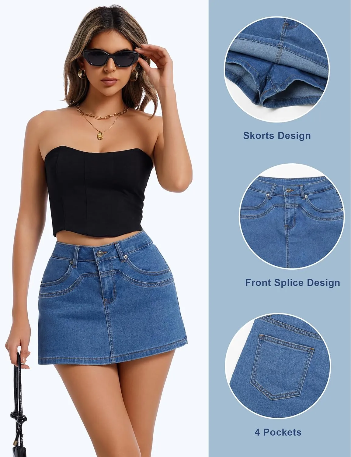 Denim Skort for Women High Waisted Denim Skirt Stretch Mini Jean Skort Casual Jean Skirts with Pockets