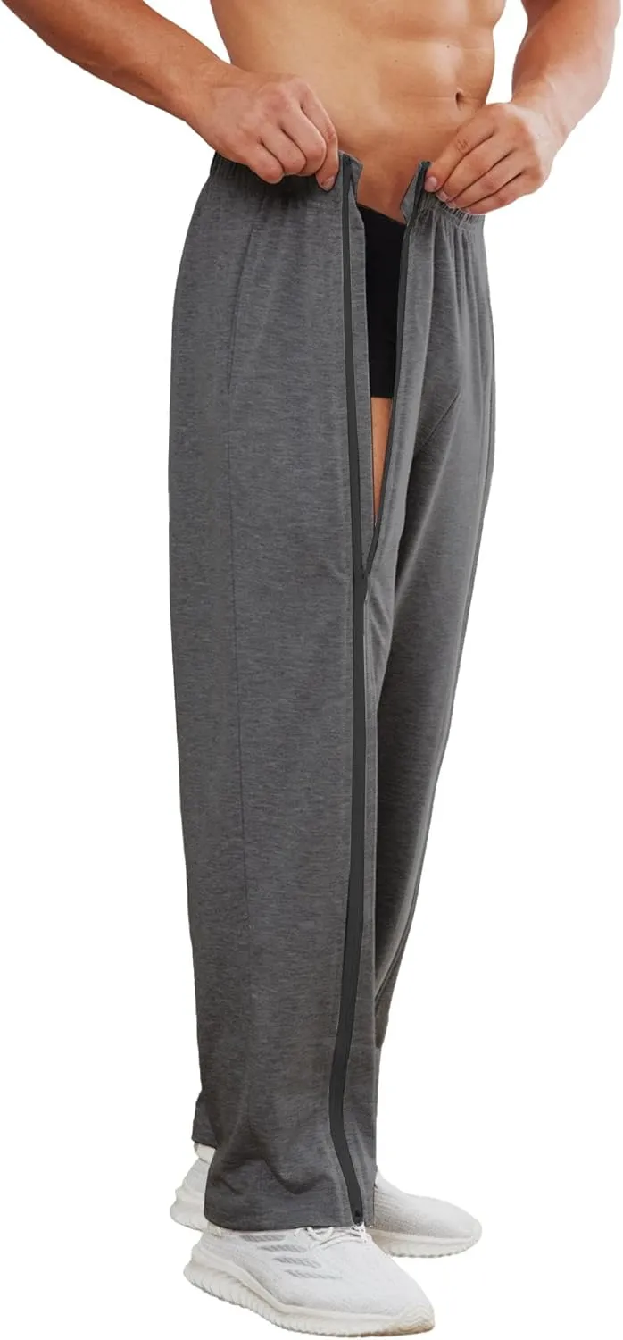 Deyeek Tear Away Pants for Men Full Zipper Legs Sweat Pants Mens Open Bottom Sweatpants Breakaway Cotton Post Surgery Pants