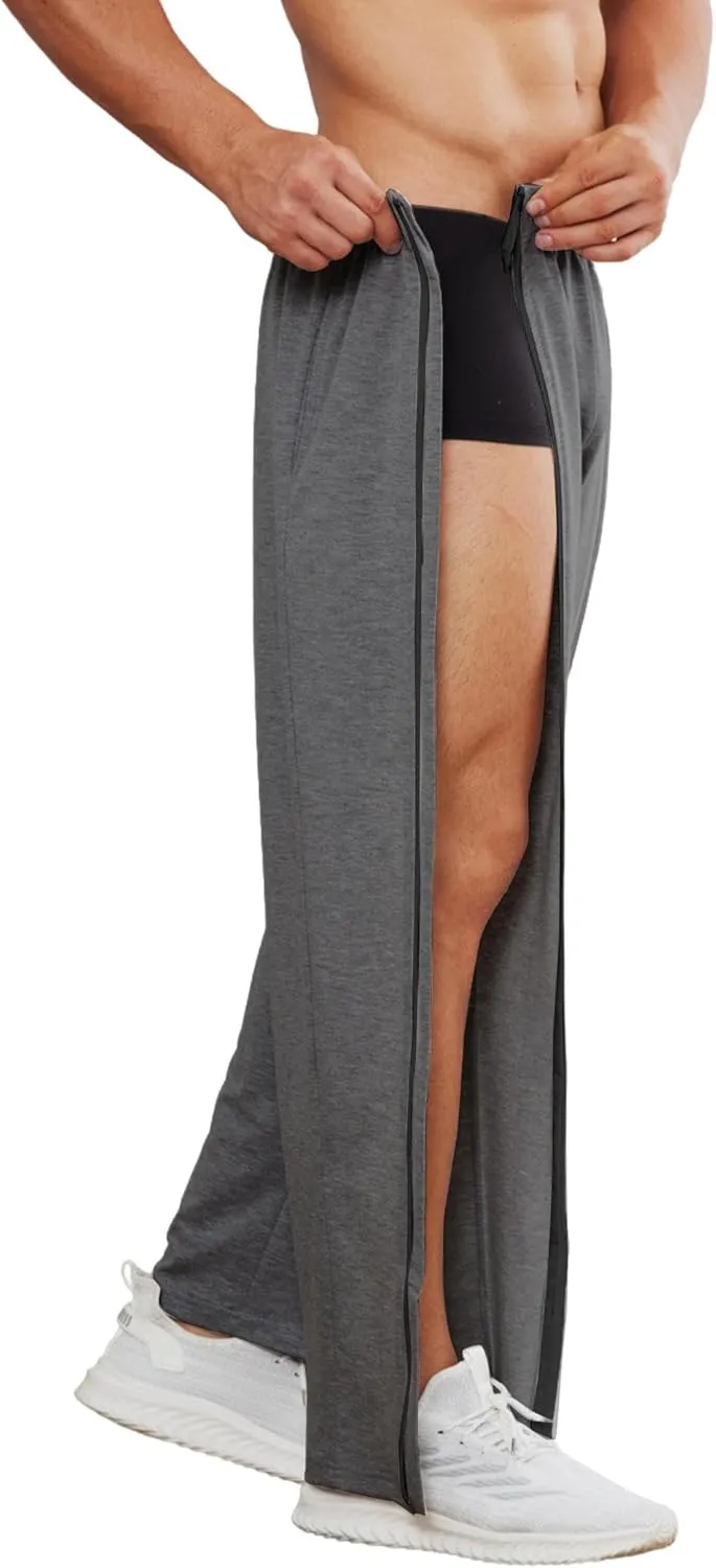 Deyeek Tear Away Pants for Men Full Zipper Legs Sweat Pants Mens Open Bottom Sweatpants Breakaway Cotton Post Surgery Pants