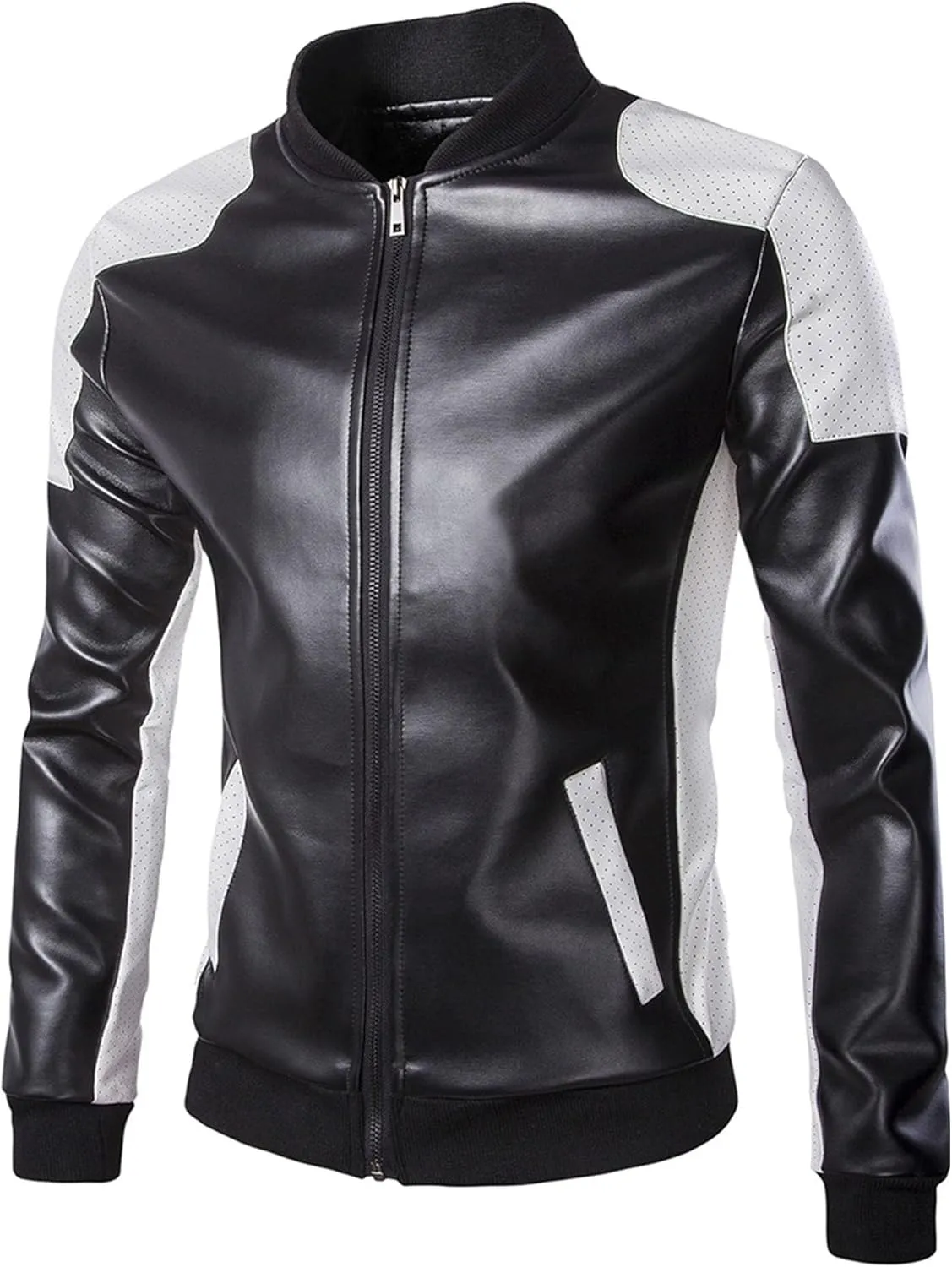 DGHM-JLMY Mens Classic Faux Leather Jacket White Black Moto Bomber Fashion Slim Fit Coat Motorcycle Bomber Jackets