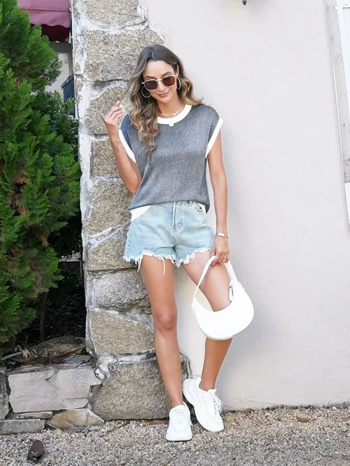 Disamer Summer Tops for Women 2025 Cap Sleeve Sweater Tank Tops Sleeveless Vest Oversized Short Sleeve Shirts