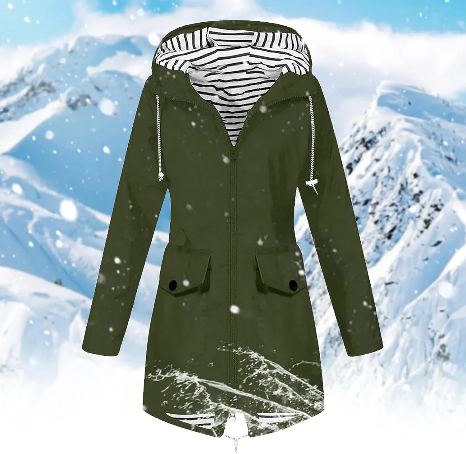 DOLKFU Women Zip Up Raincoats Windbreaker Outwear Long Sleeve Warm Winter Trench Rain Jacket Hooded Outdoor Coat With Pocket