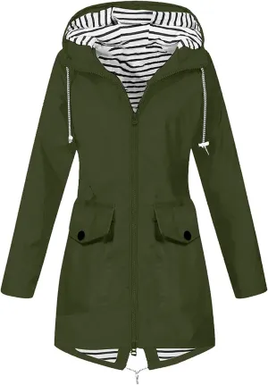DOLKFU Women Zip Up Raincoats Windbreaker Outwear Long Sleeve Warm Winter Trench Rain Jacket Hooded Outdoor Coat With Pocket