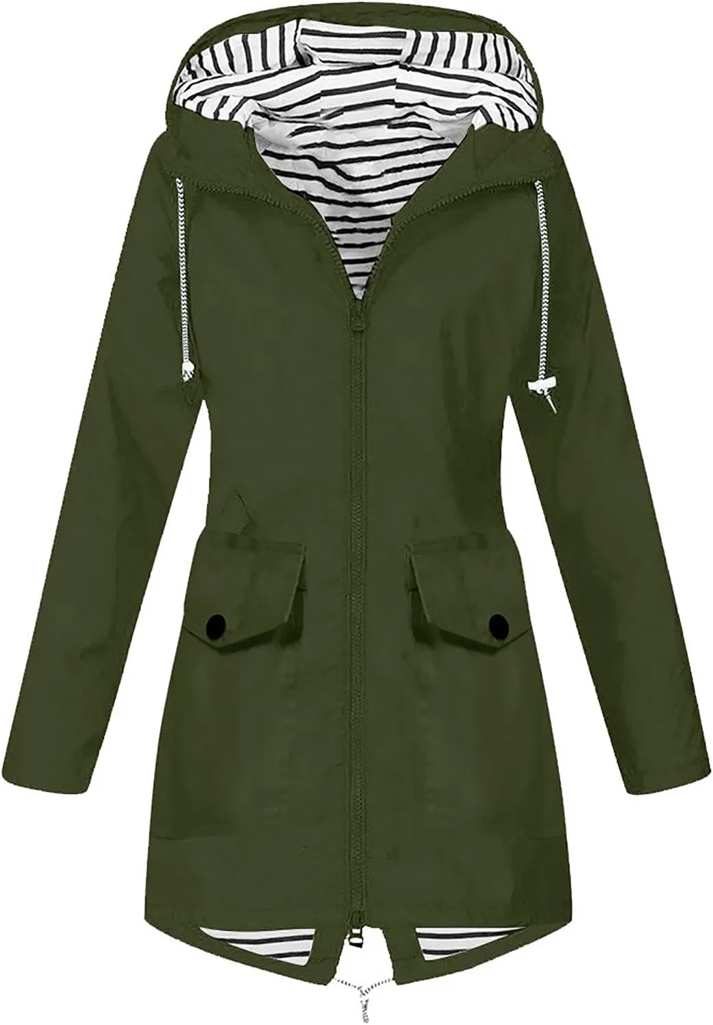 DOLKFU Women Zip Up Raincoats Windbreaker Outwear Long Sleeve Warm Winter Trench Rain Jacket Hooded Outdoor Coat With Pocket