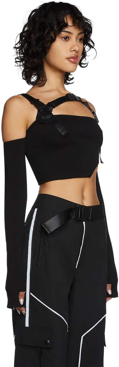 Dolls Kill Shut Up Touch Me Strappy Crop Top by Poster GRL  Off-Shoulder Top with Adjustable Buckle Straps and Long Sleeves