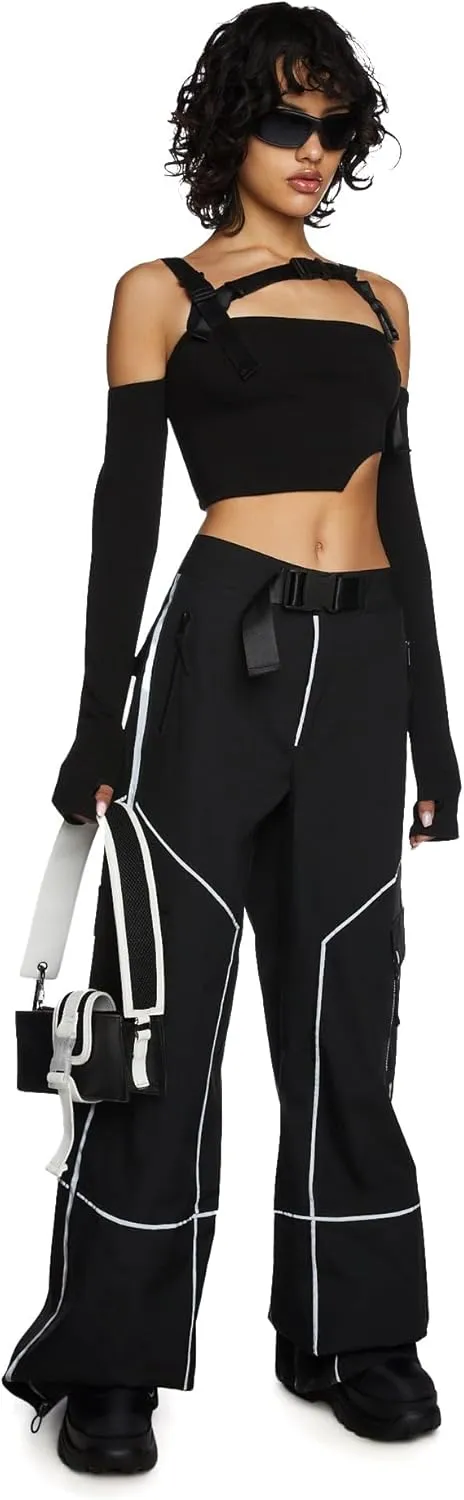 Dolls Kill Shut Up Touch Me Strappy Crop Top by Poster GRL  Off-Shoulder Top with Adjustable Buckle Straps and Long Sleeves