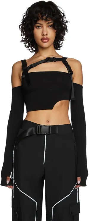 Dolls Kill Shut Up Touch Me Strappy Crop Top by Poster GRL  Off-Shoulder Top with Adjustable Buckle Straps and Long Sleeves