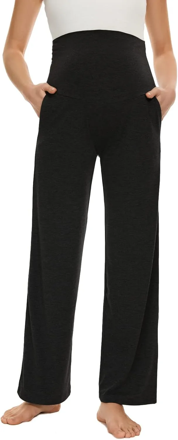 Ecavus Women's Maternity Wide/Straight Versatile Comfy Palazzo Lounge Pants Stretch Pregnancy Trousers with Pockets