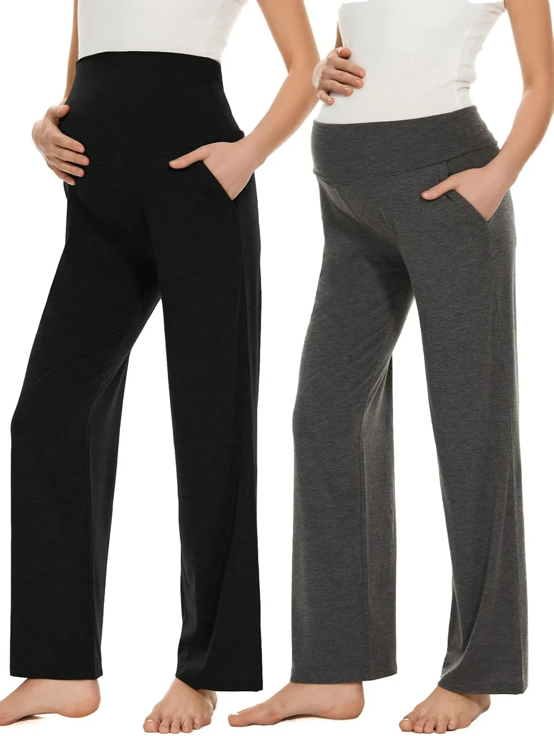 Ecavus Women's Maternity Wide/Straight Versatile Comfy Palazzo Lounge Pants Stretch Pregnancy Trousers with Pockets