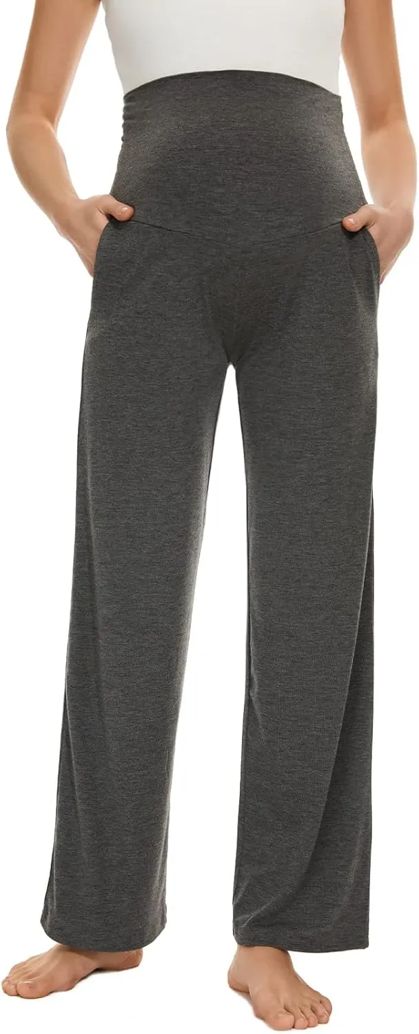 Ecavus Women's Maternity Wide/Straight Versatile Comfy Palazzo Lounge Pants Stretch Pregnancy Trousers with Pockets