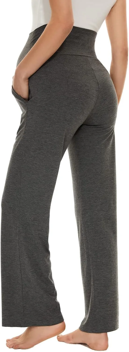Ecavus Women's Maternity Wide/Straight Versatile Comfy Palazzo Lounge Pants Stretch Pregnancy Trousers with Pockets