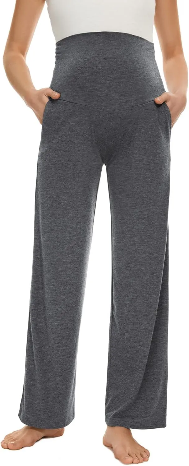 Ecavus Women's Maternity Wide/Straight Versatile Comfy Palazzo Lounge Pants Stretch Pregnancy Trousers with Pockets