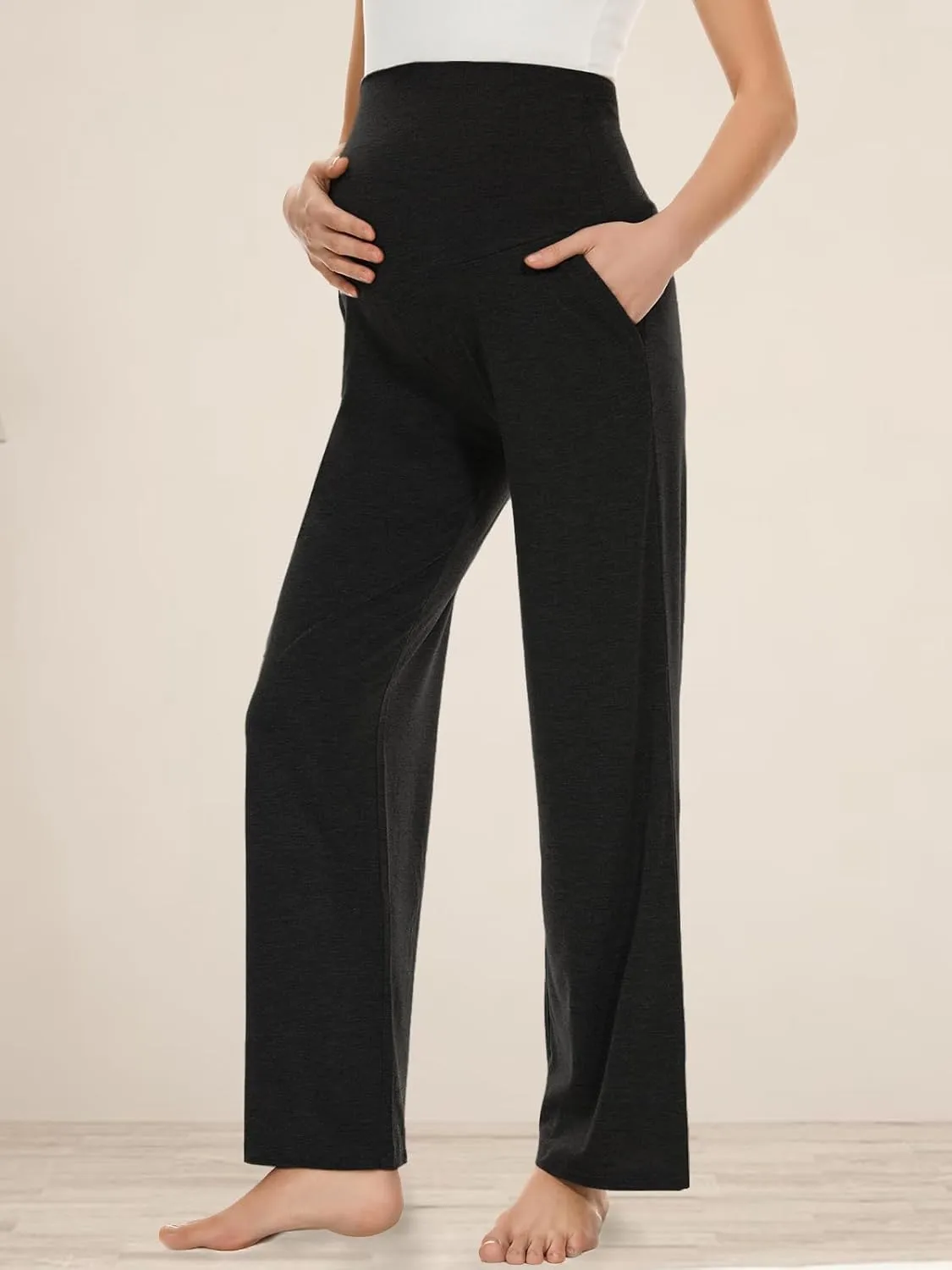Ecavus Women's Maternity Wide/Straight Versatile Comfy Palazzo Lounge Pants Stretch Pregnancy Trousers with Pockets