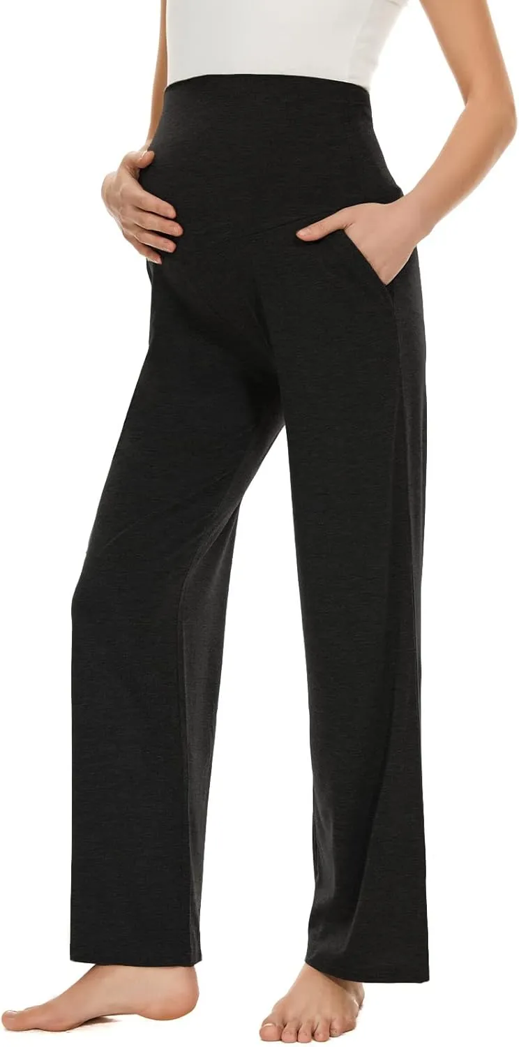 Ecavus Women's Maternity Wide/Straight Versatile Comfy Palazzo Lounge Pants Stretch Pregnancy Trousers with Pockets