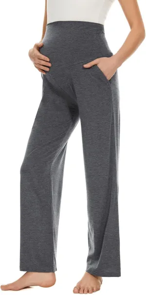 Ecavus Women's Maternity Wide/Straight Versatile Comfy Palazzo Lounge Pants Stretch Pregnancy Trousers with Pockets