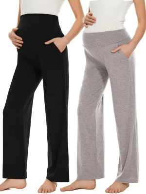 Ecavus Women's Maternity Wide/Straight Versatile Comfy Palazzo Lounge Pants Stretch Pregnancy Trousers with Pockets