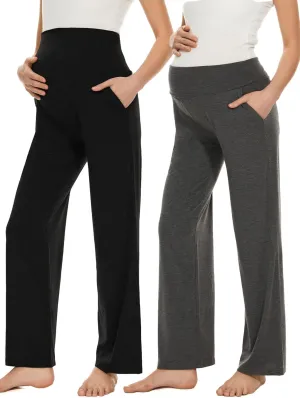 Ecavus Women's Maternity Wide/Straight Versatile Comfy Palazzo Lounge Pants Stretch Pregnancy Trousers with Pockets