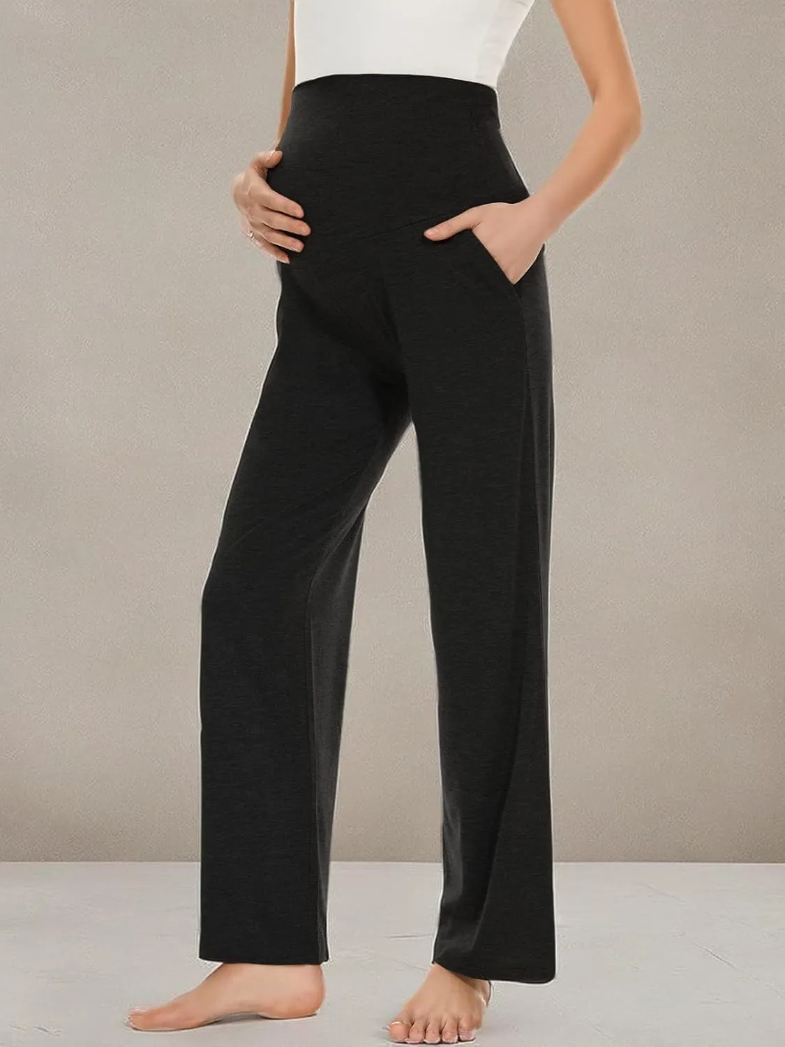 Ecavus Women's Maternity Wide/Straight Versatile Comfy Palazzo Lounge Pants Stretch Pregnancy Trousers with Pockets