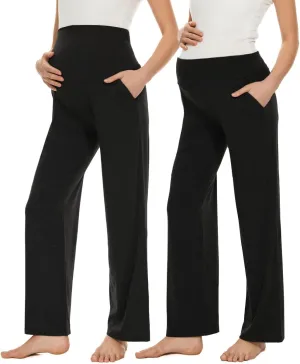Ecavus Women's Maternity Wide/Straight Versatile Comfy Palazzo Lounge Pants Stretch Pregnancy Trousers with Pockets