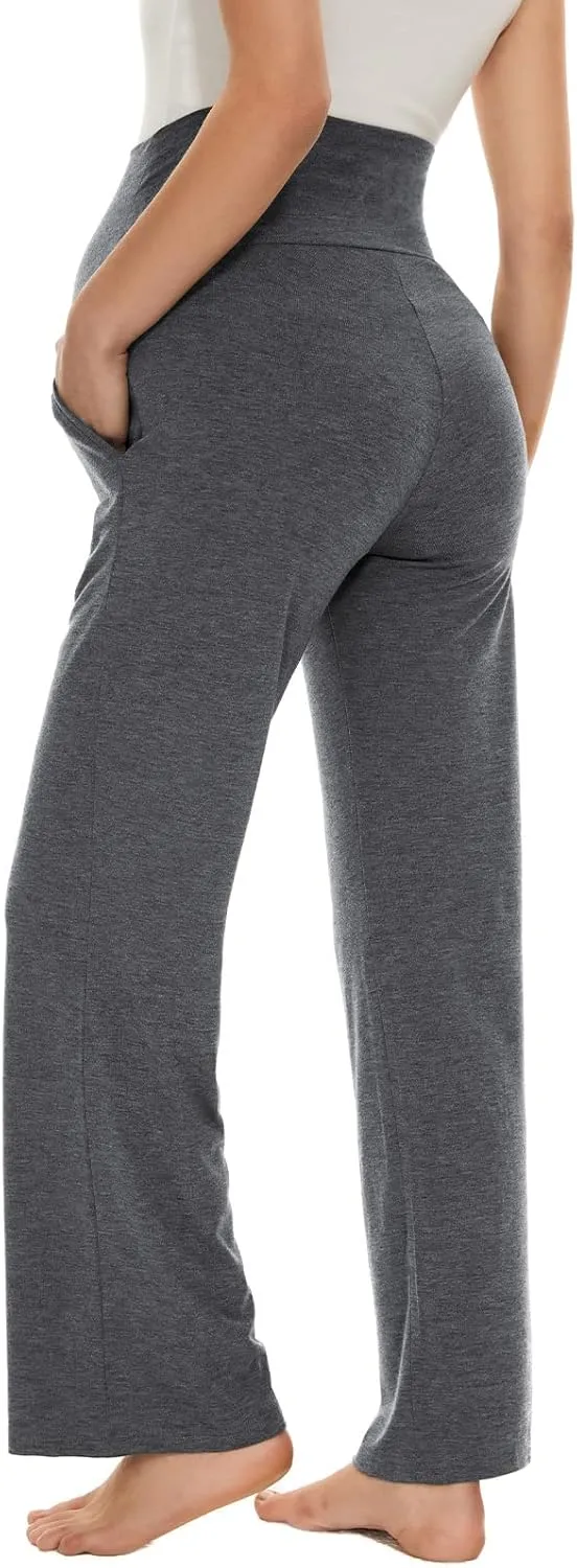 Ecavus Women's Maternity Wide/Straight Versatile Comfy Palazzo Lounge Pants Stretch Pregnancy Trousers with Pockets