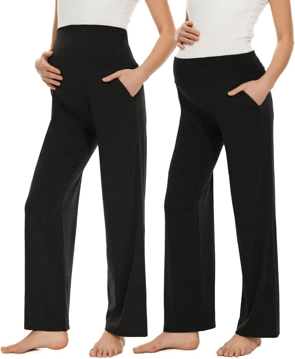 Ecavus Women's Maternity Wide/Straight Versatile Comfy Palazzo Lounge Pants Stretch Pregnancy Trousers with Pockets