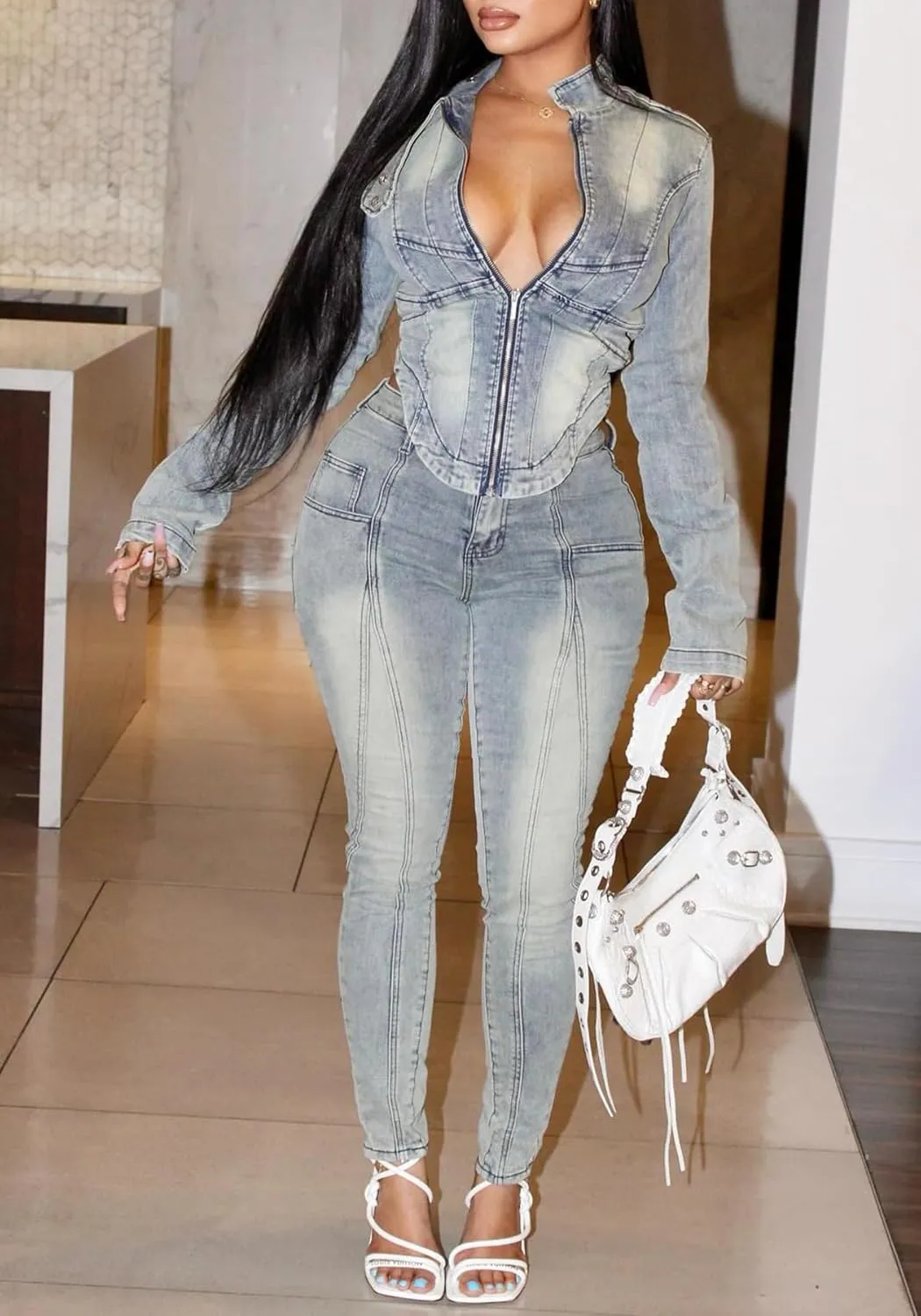 Ecirod Fall Sets Women Denim 2 Piece Outfits Casual Long Sleeve Zip Up Asymmetric Jacket High Waisted Stretch Jeans