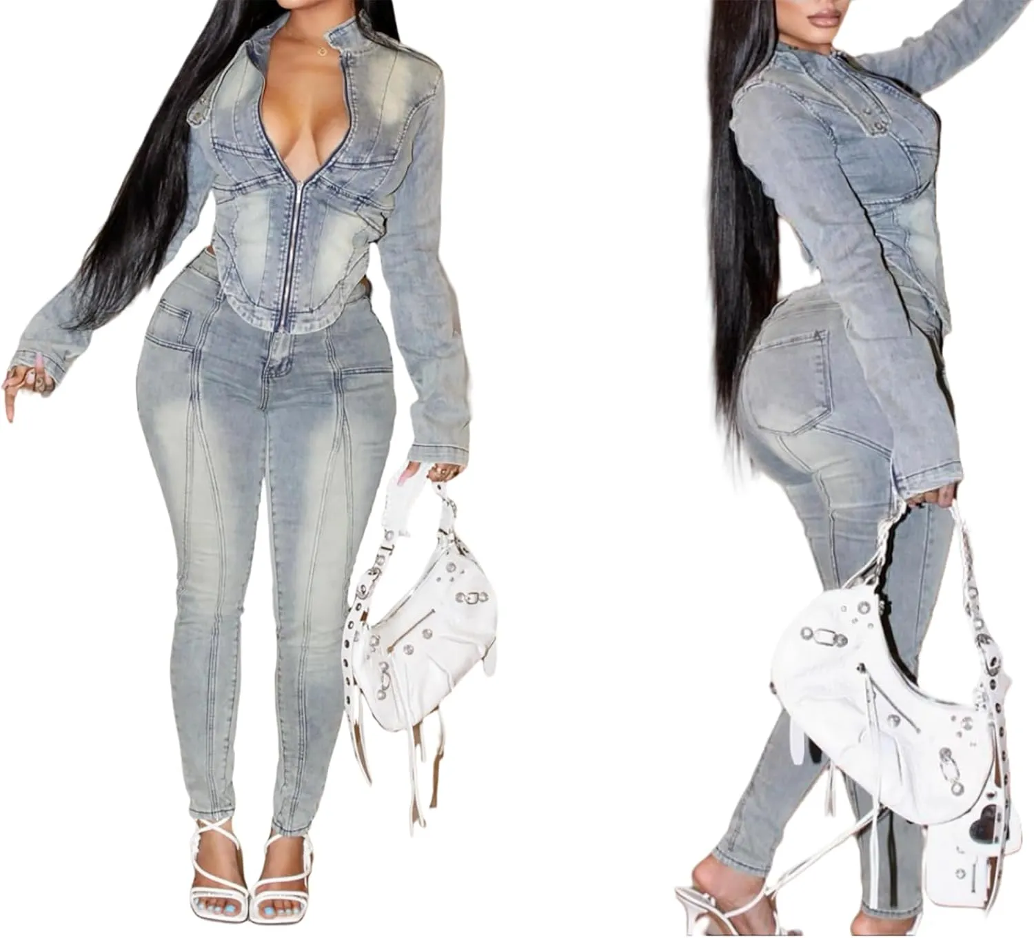 Ecirod Fall Sets Women Denim 2 Piece Outfits Casual Long Sleeve Zip Up Asymmetric Jacket High Waisted Stretch Jeans
