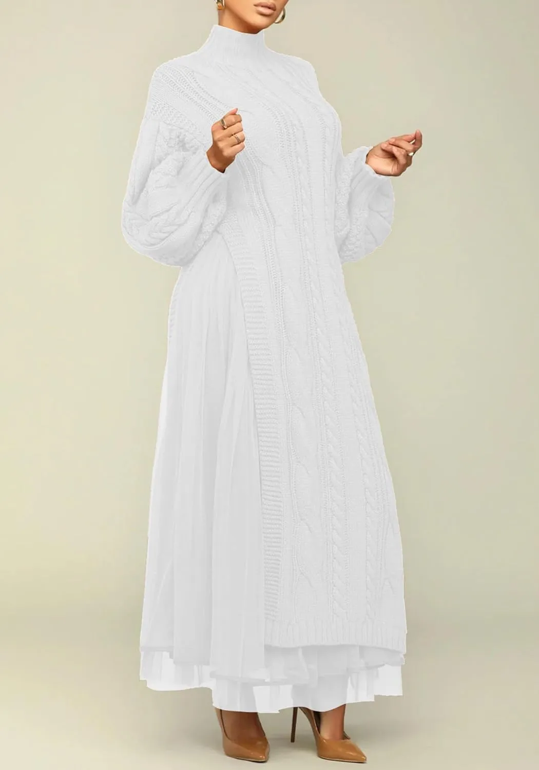 Ecirod Women High Neck Puff Sleeve Cable Knit Sweater Maxi Dress Double Slit Long Dresses with Mesh Skirt