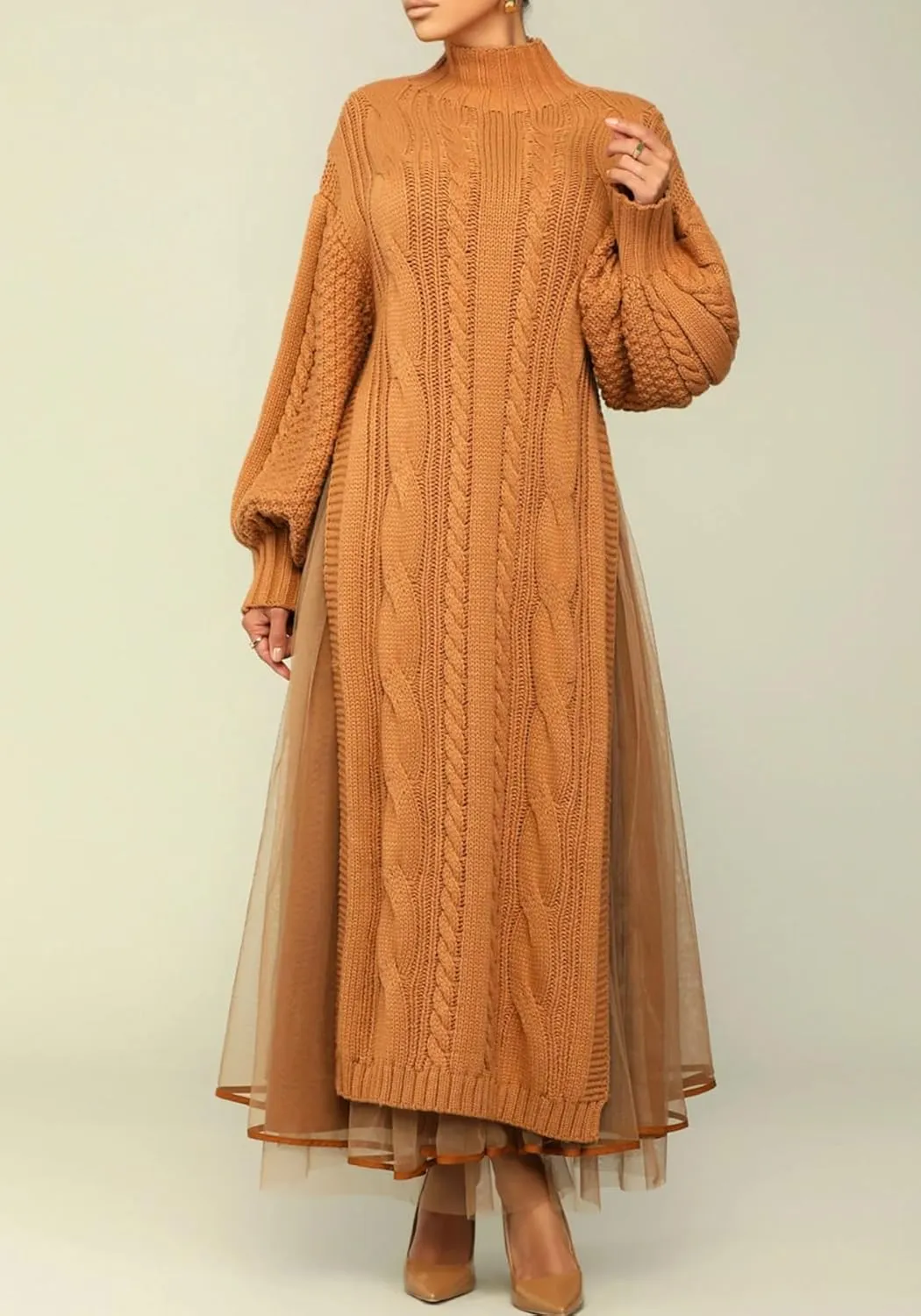 Ecirod Women High Neck Puff Sleeve Cable Knit Sweater Maxi Dress Double Slit Long Dresses with Mesh Skirt