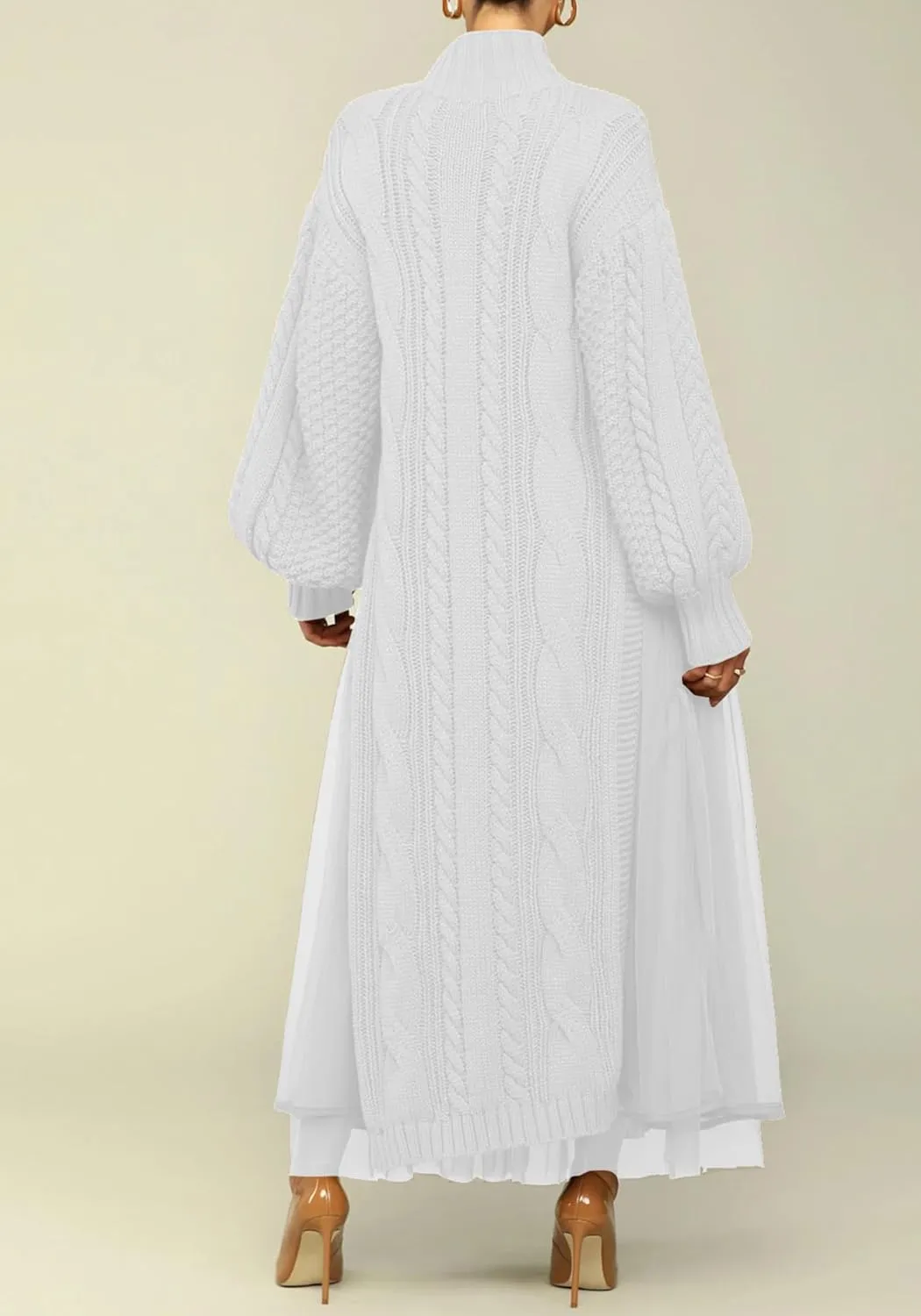 Ecirod Women High Neck Puff Sleeve Cable Knit Sweater Maxi Dress Double Slit Long Dresses with Mesh Skirt