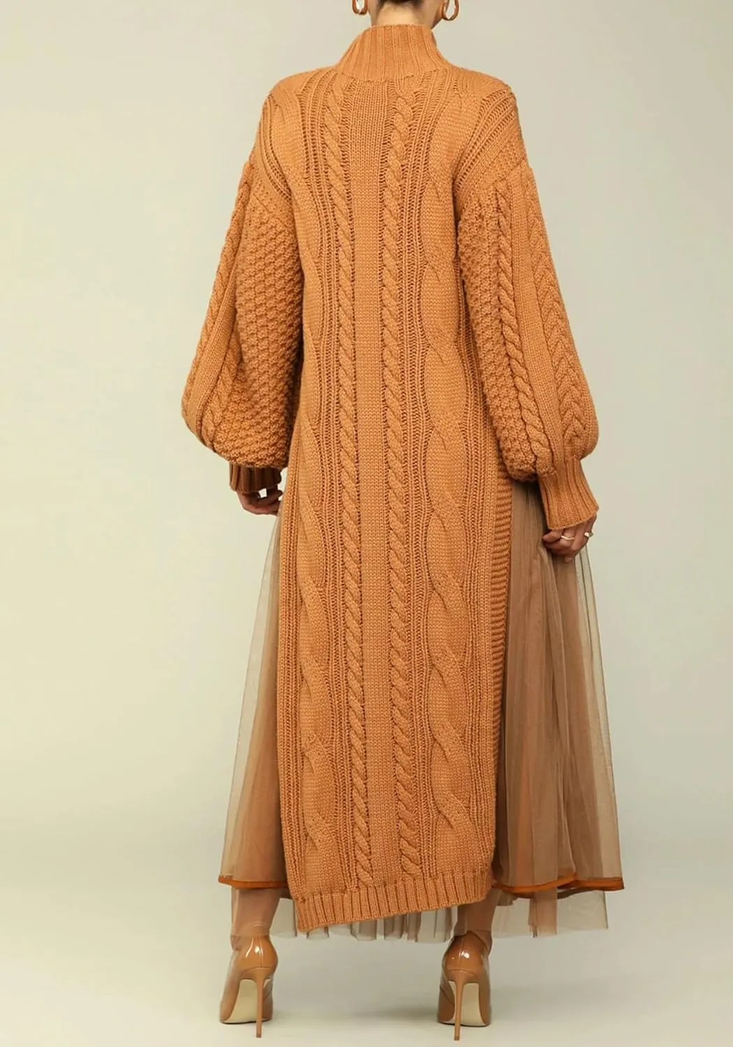 Ecirod Women High Neck Puff Sleeve Cable Knit Sweater Maxi Dress Double Slit Long Dresses with Mesh Skirt
