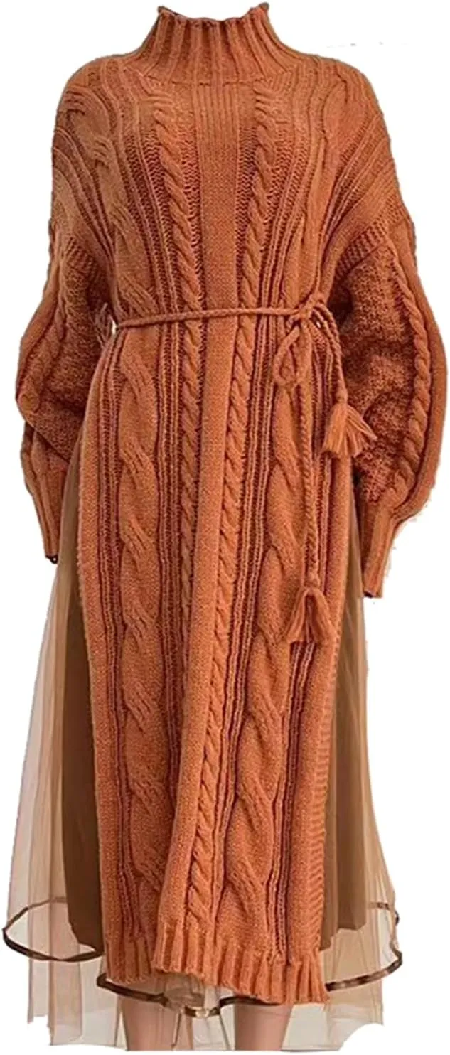 Ecirod Women High Neck Puff Sleeve Cable Knit Sweater Maxi Dress Double Slit Long Dresses with Mesh Skirt