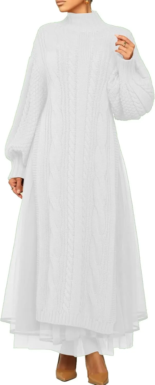 Ecirod Women High Neck Puff Sleeve Cable Knit Sweater Maxi Dress Double Slit Long Dresses with Mesh Skirt
