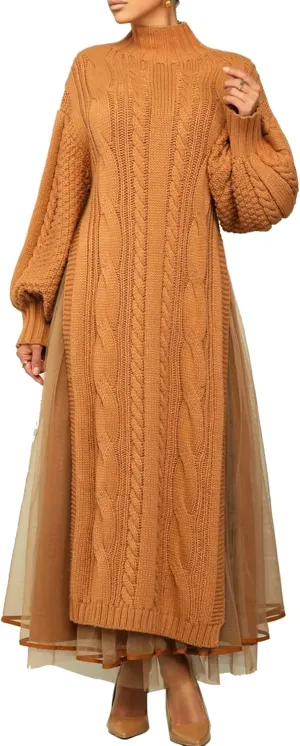Ecirod Women High Neck Puff Sleeve Cable Knit Sweater Maxi Dress Double Slit Long Dresses with Mesh Skirt