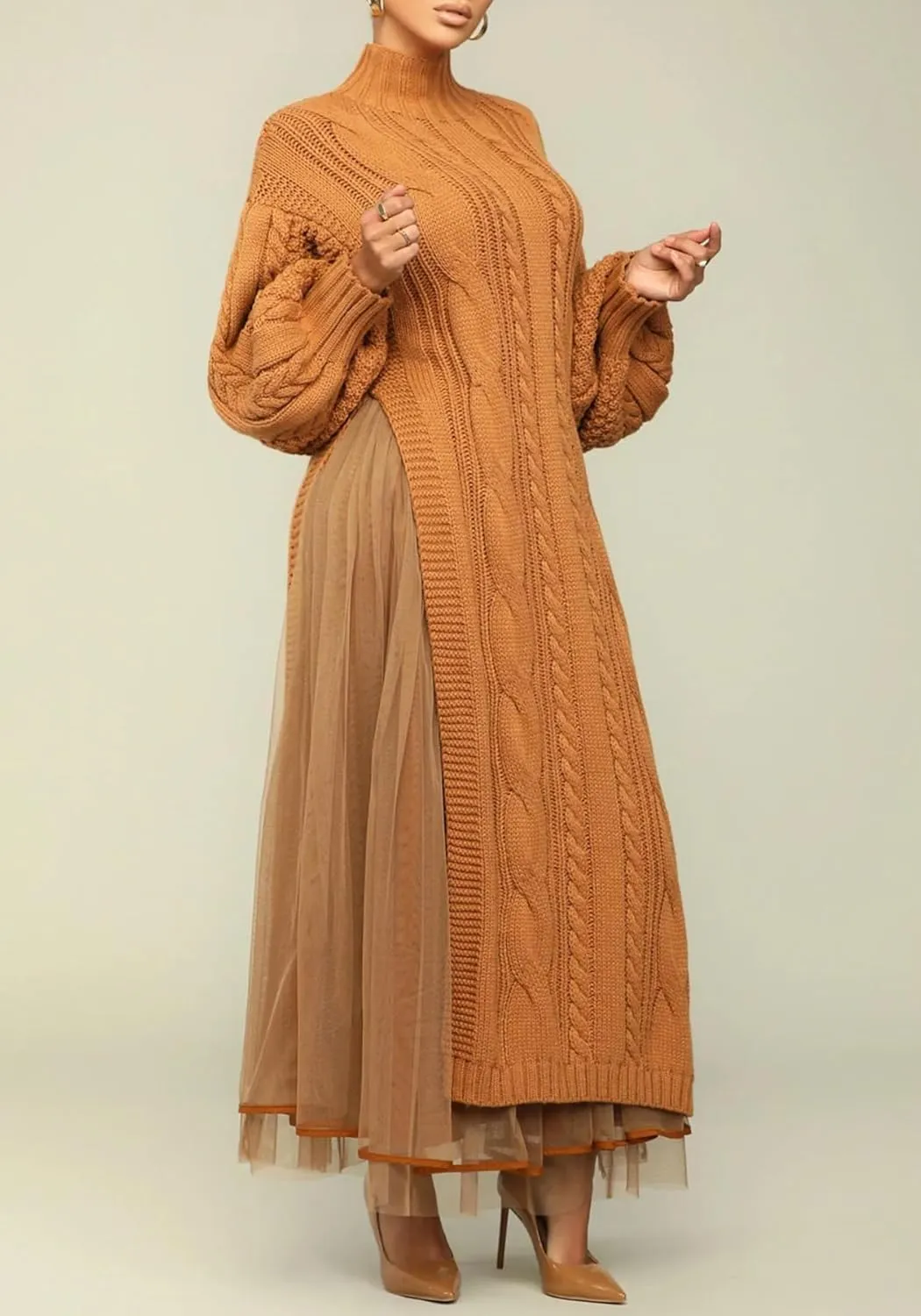 Ecirod Women High Neck Puff Sleeve Cable Knit Sweater Maxi Dress Double Slit Long Dresses with Mesh Skirt