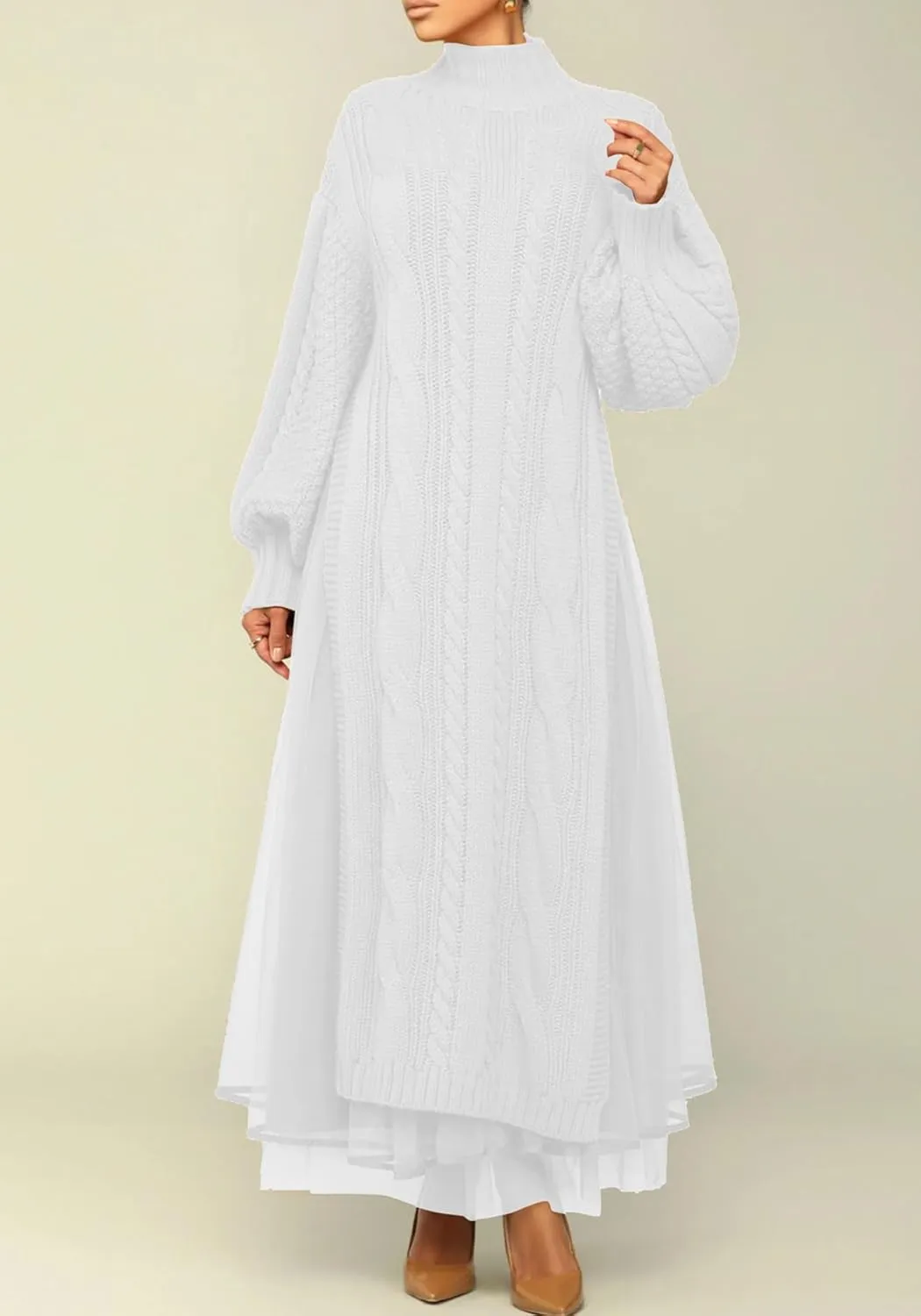 Ecirod Women High Neck Puff Sleeve Cable Knit Sweater Maxi Dress Double Slit Long Dresses with Mesh Skirt