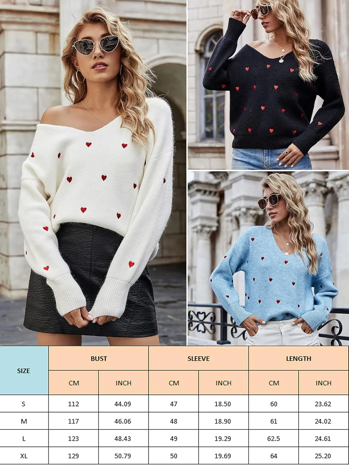 ECOWISH Women Valentine Heart Sweater V Neck Embroidery Knit Loose Casual Long Sleeve Ribbed Pullover Sweaters