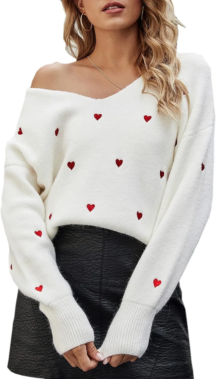 ECOWISH Women Valentine Heart Sweater V Neck Embroidery Knit Loose Casual Long Sleeve Ribbed Pullover Sweaters