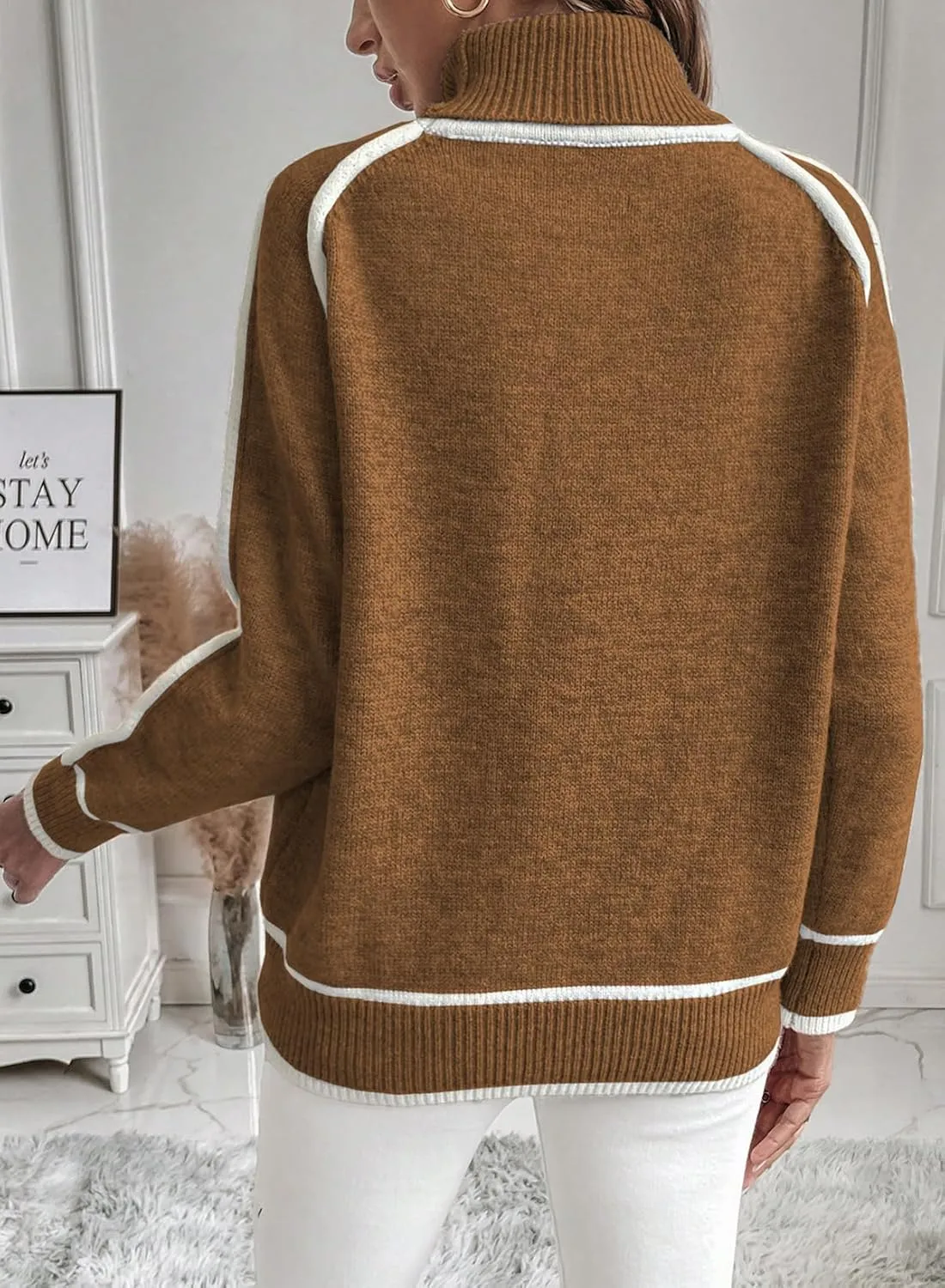 EVALESS Womens Long Sleeve Turtleneck Pullover Sweaters Casual Loose Color Block Cozy Knit Tops