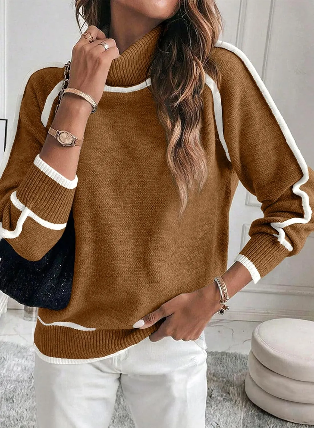 EVALESS Womens Long Sleeve Turtleneck Pullover Sweaters Casual Loose Color Block Cozy Knit Tops