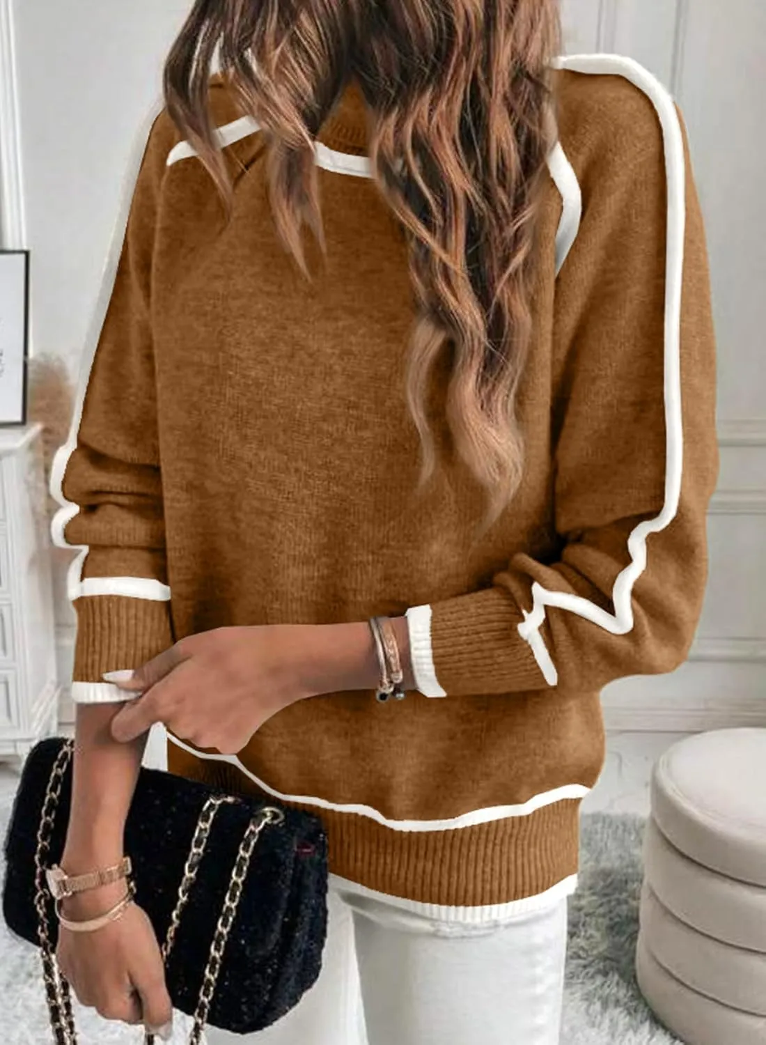EVALESS Womens Long Sleeve Turtleneck Pullover Sweaters Casual Loose Color Block Cozy Knit Tops